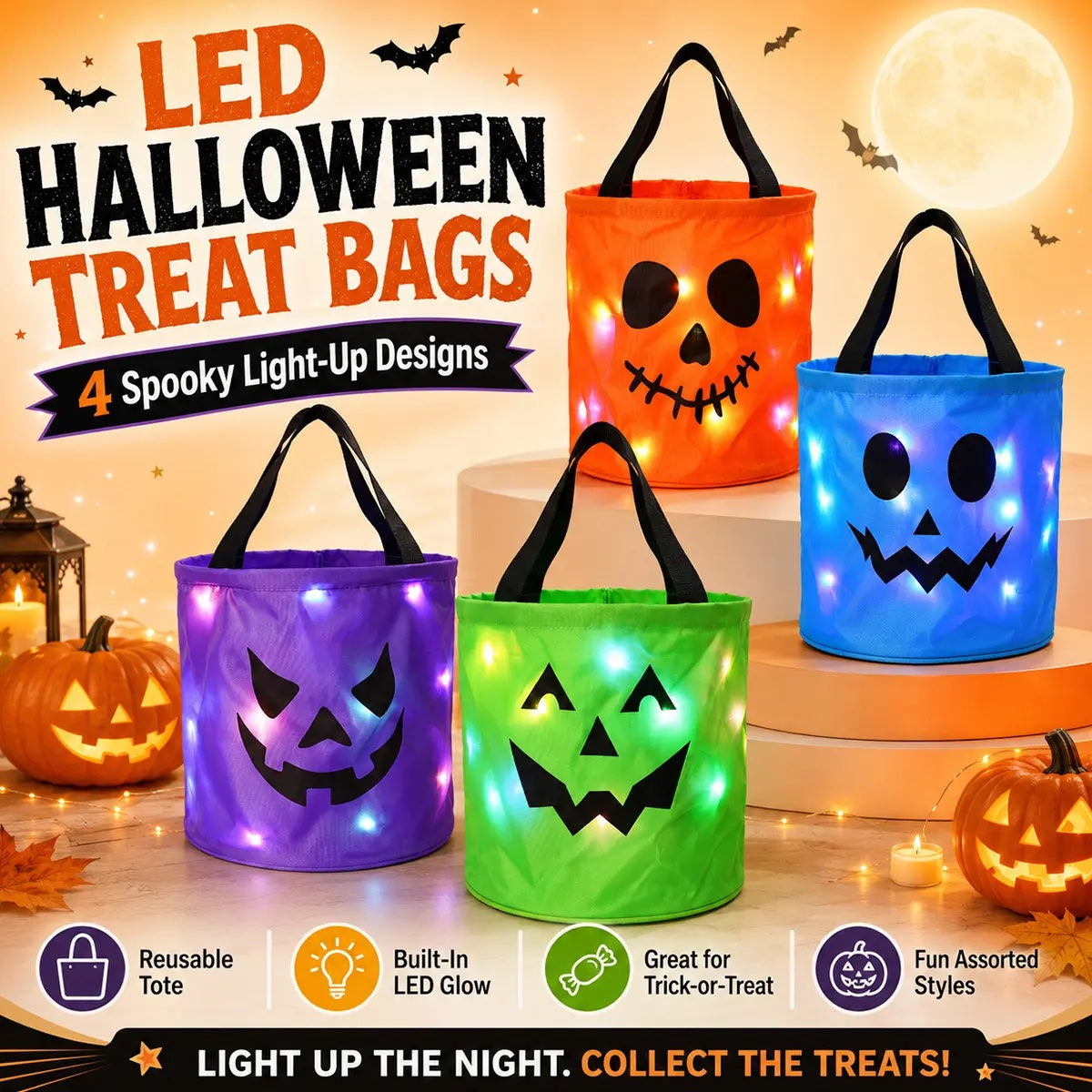 LED Halloween candy bucket bags in four light-up pumpkin designs