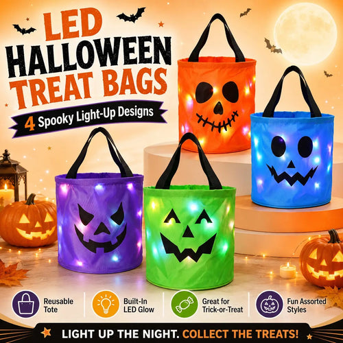 LED Halloween candy bucket bags in four light-up pumpkin designs
