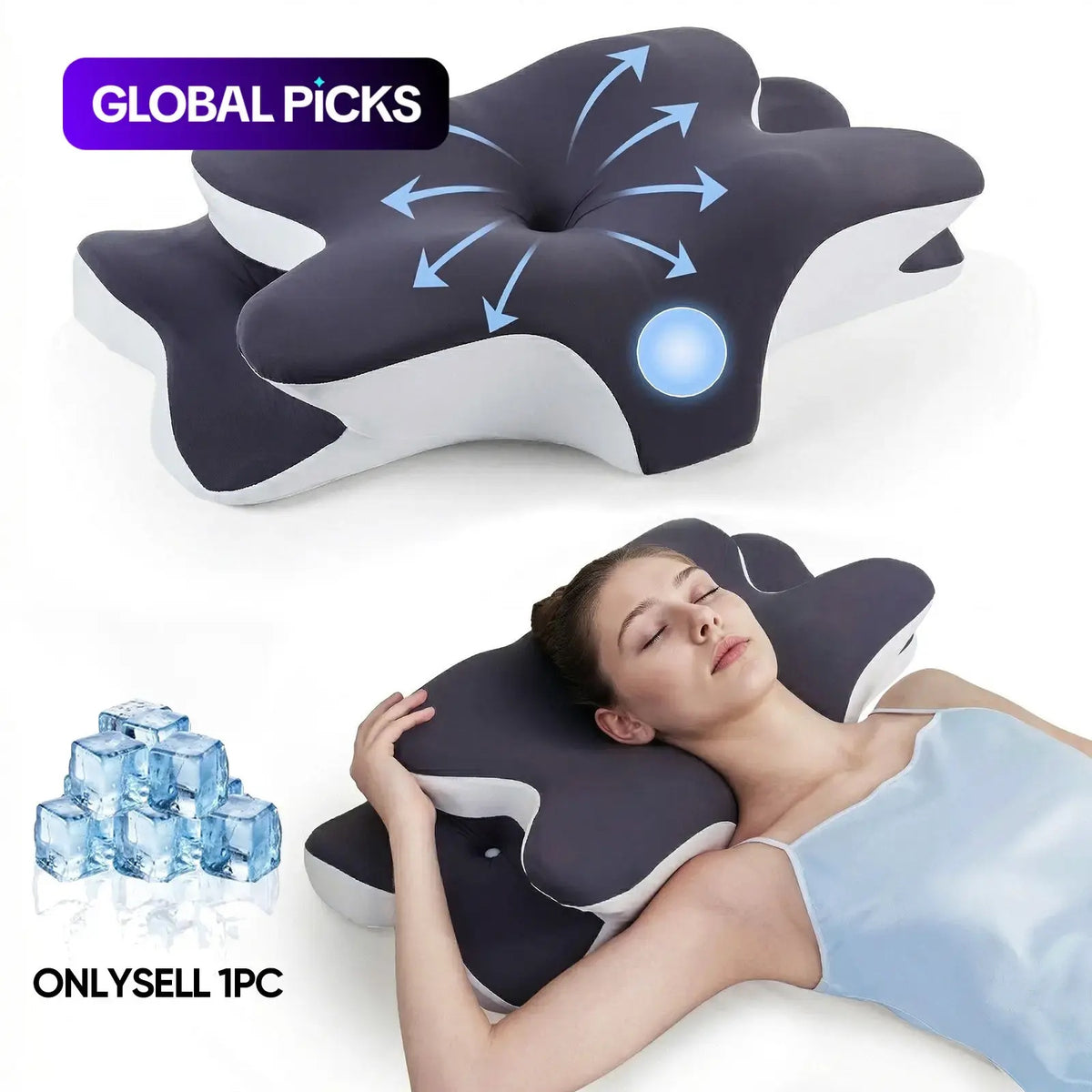 Double-Sided Contoured Memory Foam Neck Pillow - Cooling Butterfly Design with Armrests for Side, Back & Stomach Sleepers