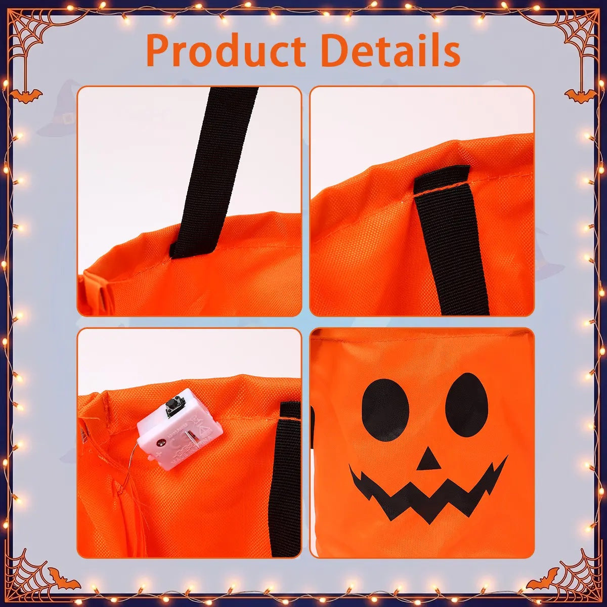 Close-up of the carry handle, LED battery pack and pumpkin face