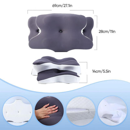 Contoured memory foam neck pillow with dimensions, 69 x 28 x 14 cm