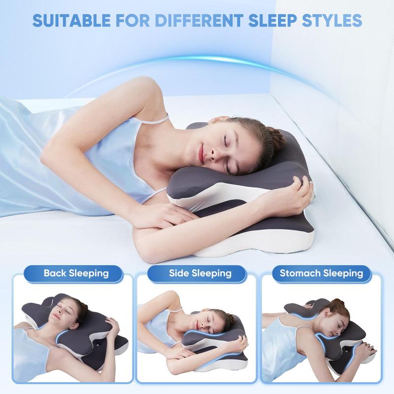 Ergonomic contour pillow shown for back, side and stomach sleeping